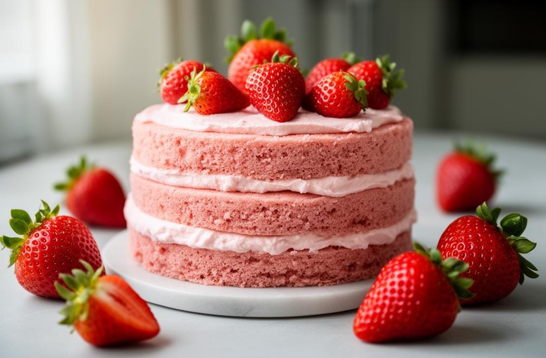 Fluffy gluten-free layers of strawberry cake